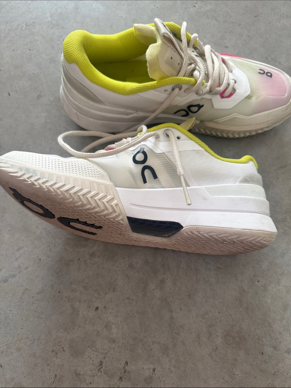 On Running Women's White Athletic Sneakers with Pink and Neon Yellow Accents - Picture 6 of 7